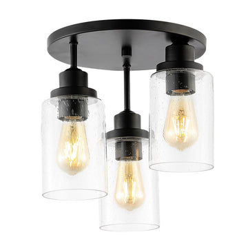 Jonah 12" Bohemian Farmhouse Iron/Seeded Glass LED Semi Flush Mount - JONATHAN Y